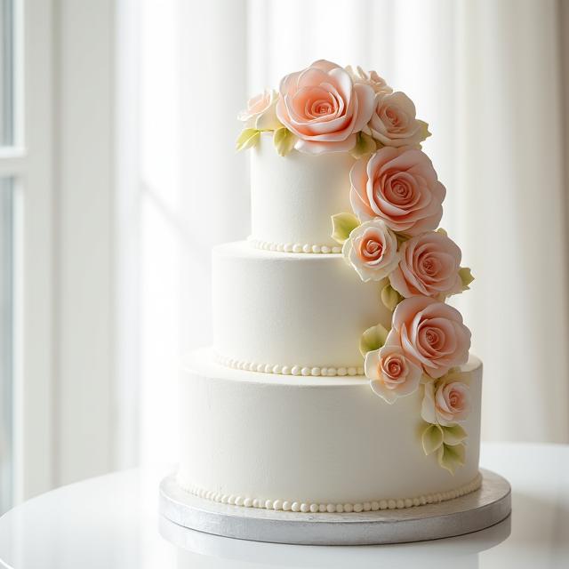 Impresionante tarta de boda blanca de tres pisos con cascada de rosas de azúcar.