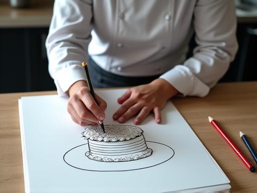 Chef pastelero dibujando un boceto de una tarta personalizada.